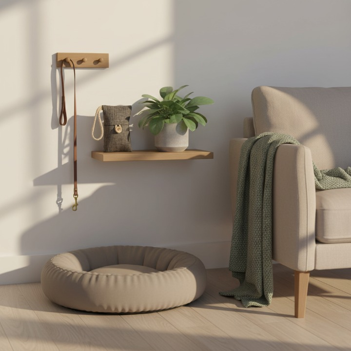 Beige dog bed in a room with a plant, shelf, and chair.
