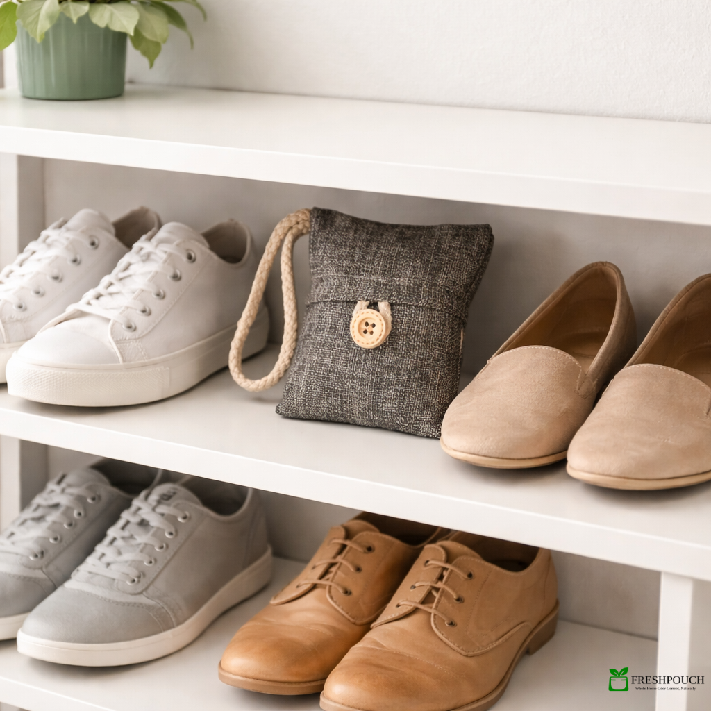Shelves with white sneakers, a gray bag, and brown shoes on a white surface.
