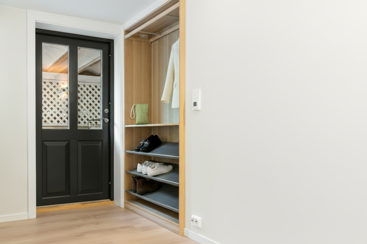Entryway with black door, wooden shelf, and white walls