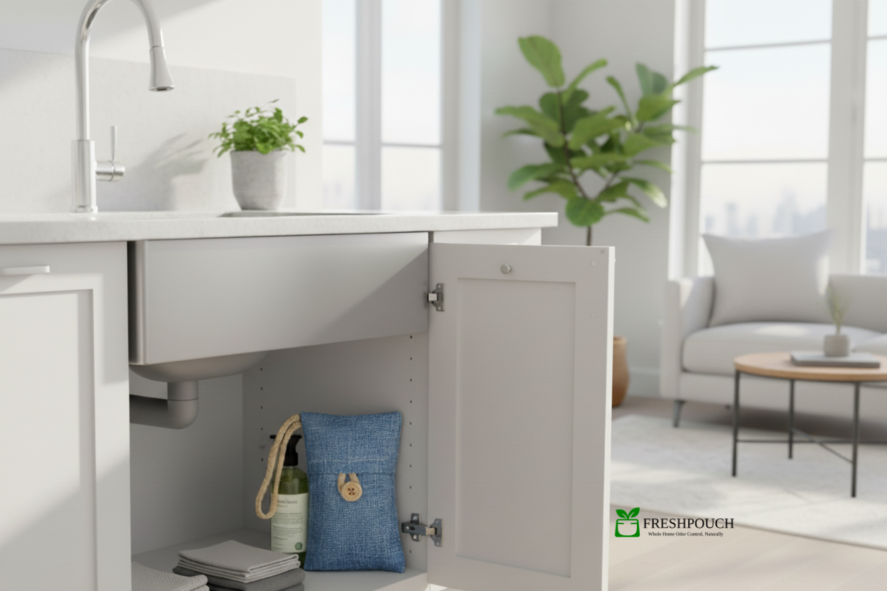 Open kitchen cabinet with a blue pillow inside, living room in the background