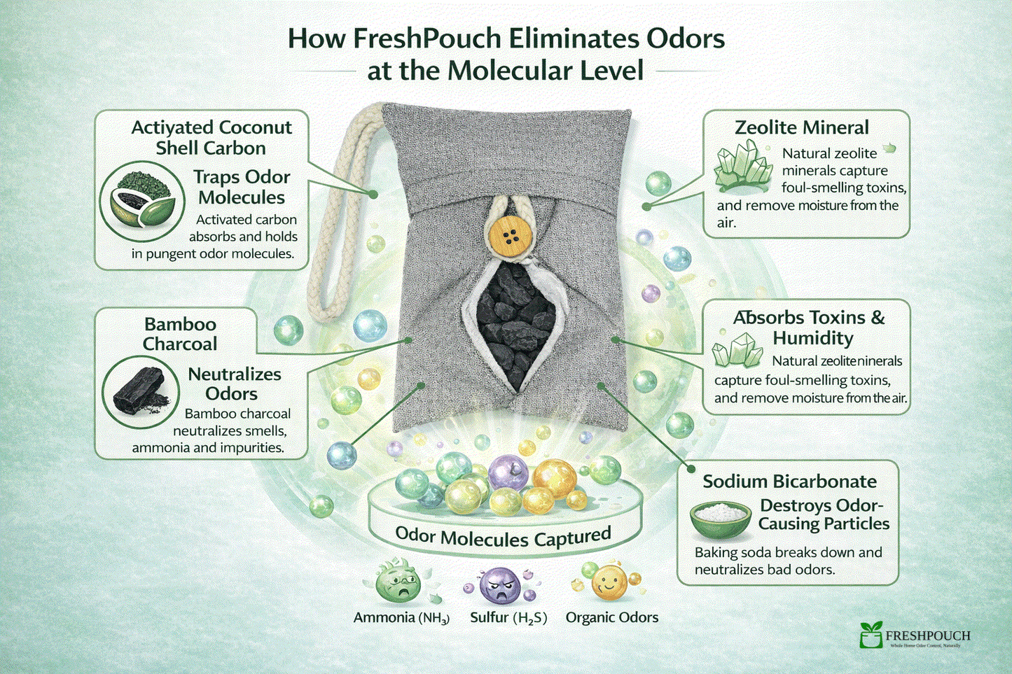 Diagram explaining how FreshPouch eliminates odors at the molecular level with various components.
