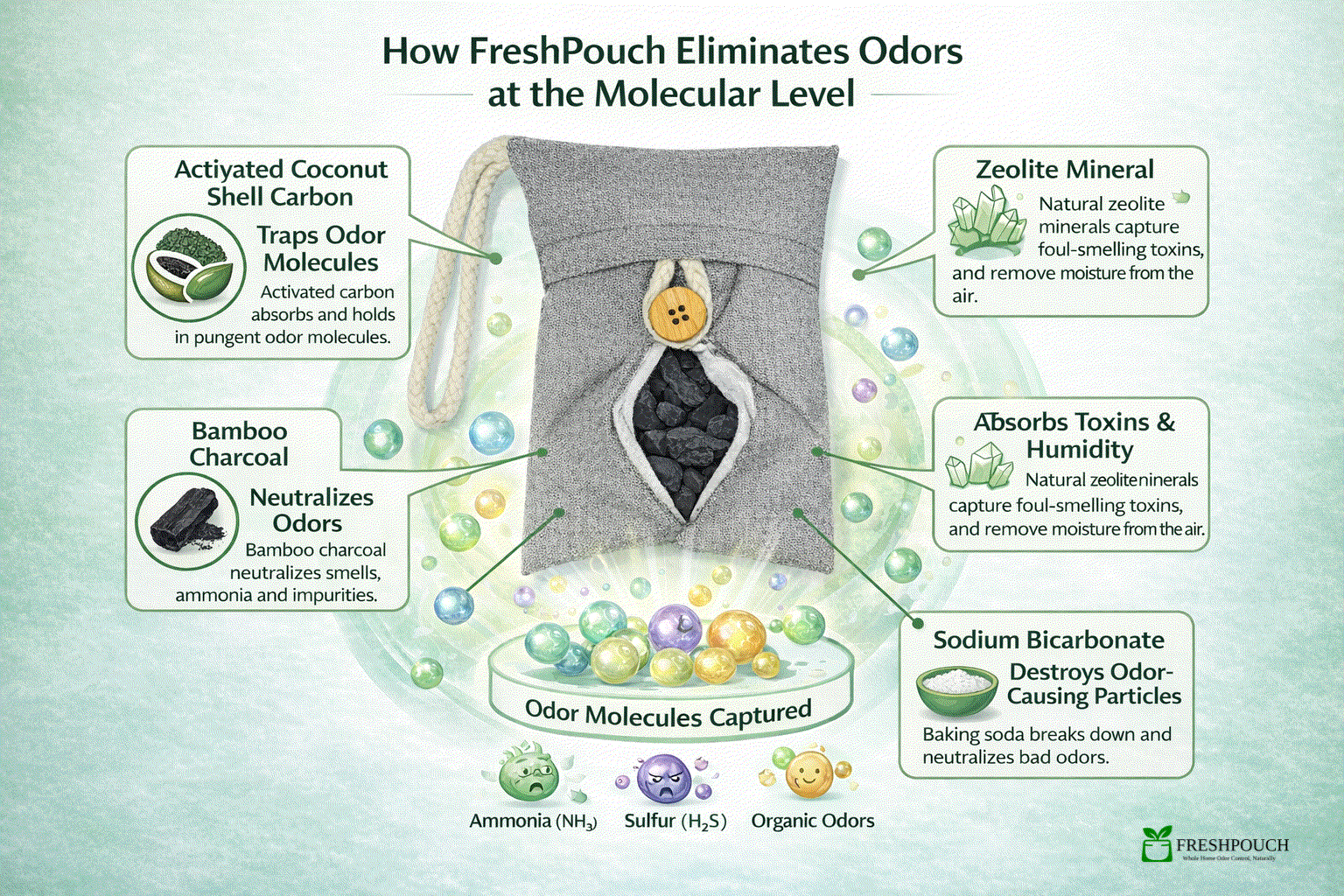 Diagram explaining how FreshPouch eliminates odors at the molecular level with various components.