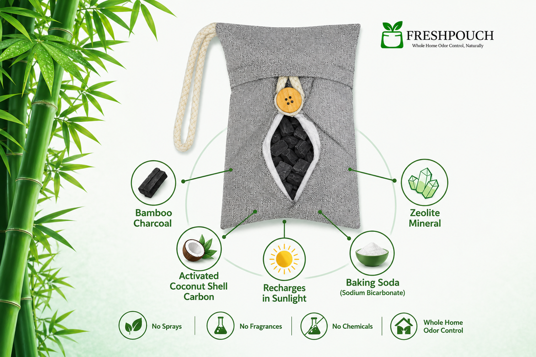 Gray FreshPouch with bamboo, charcoal, and mineral elements on a white background