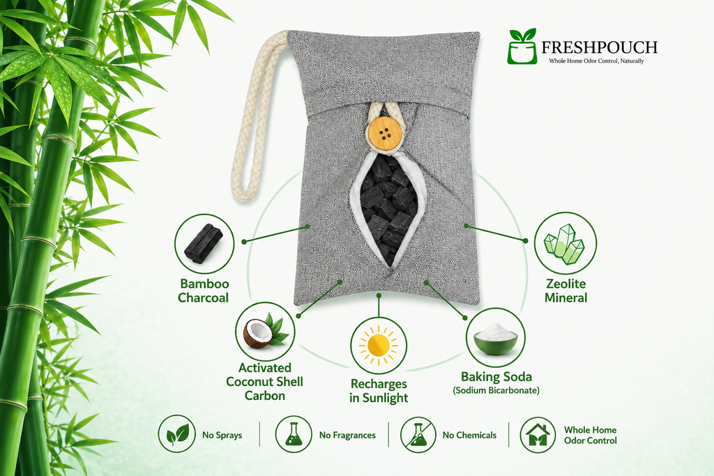 Gray FreshPouch with bamboo, charcoal, and mineral elements on a white background