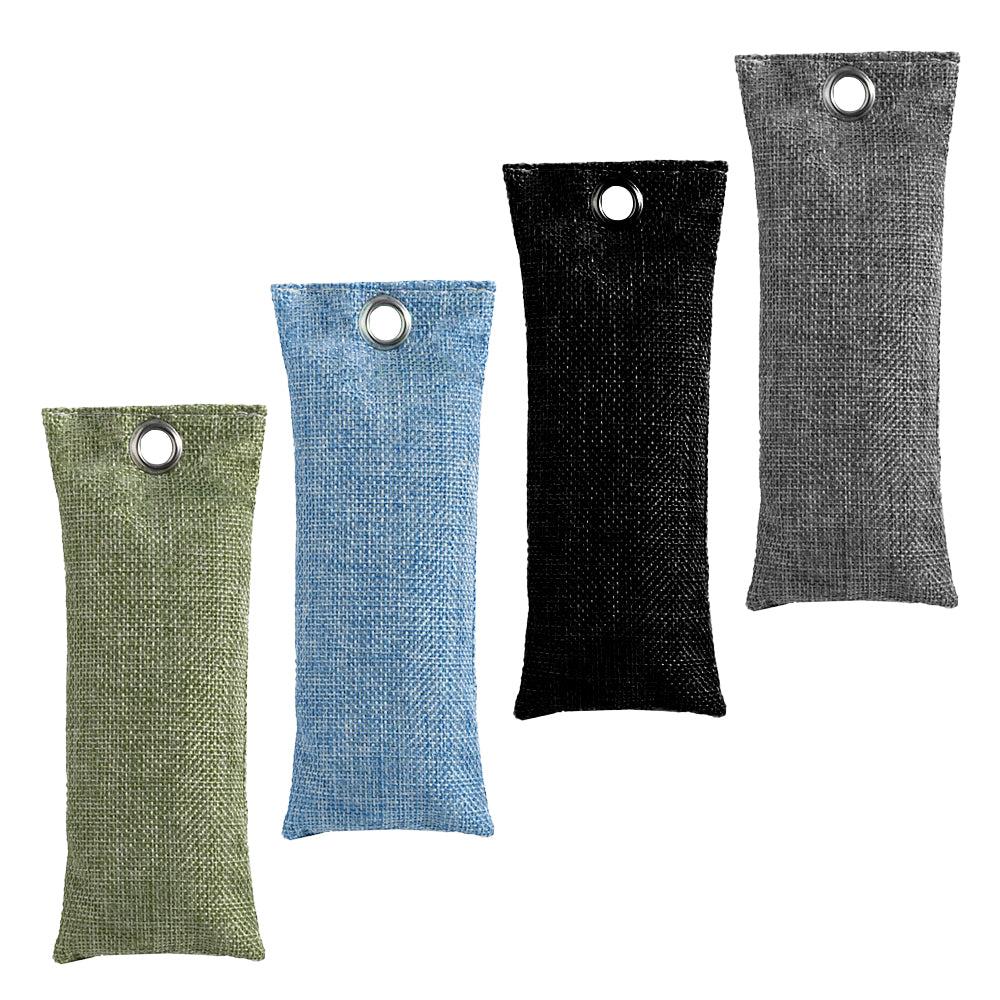 Five rectangular fabric bags in green, blue, black, and gray on a white background