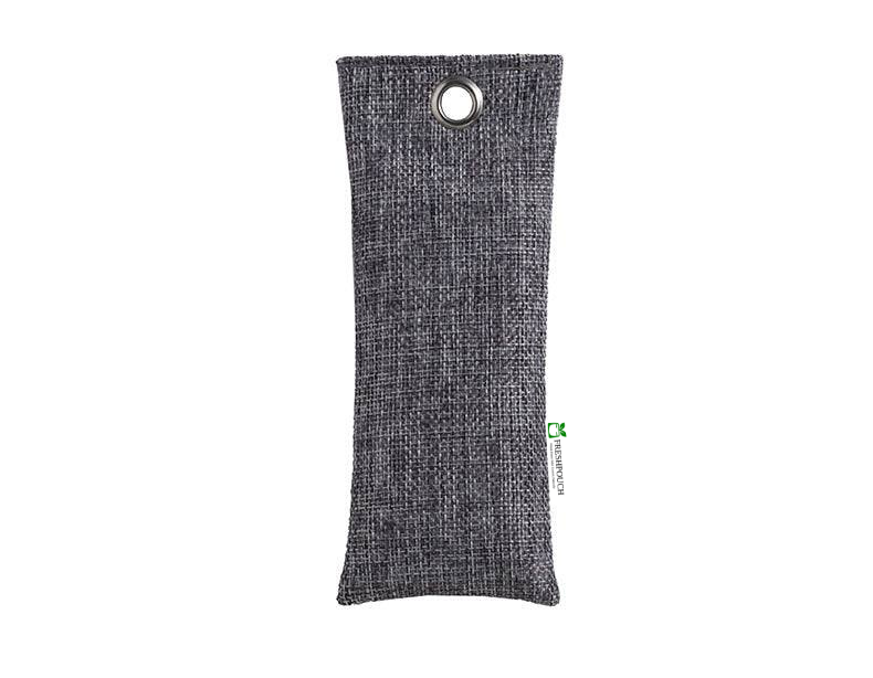 A dark gray textured fabric FreshPouch pouch with a metal grommet at the top, shown vertically on a plain white background. A small green-and-white 'cactus' brand tag is visible on the right side.