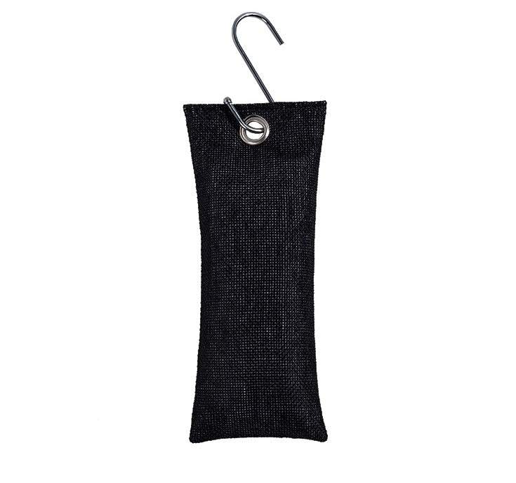 Black fabric hanging bag with a metal hook on a white background