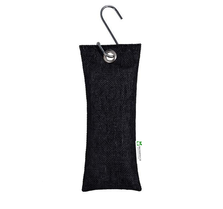 A black textured fabric hanging bag with a metal hook and grommet, shown against a plain white background.