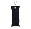 A black textured fabric hanging bag with a metal hook and grommet, shown against a plain white background.