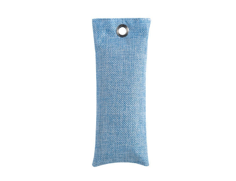Blue fabric bag with a metal ring on a white background