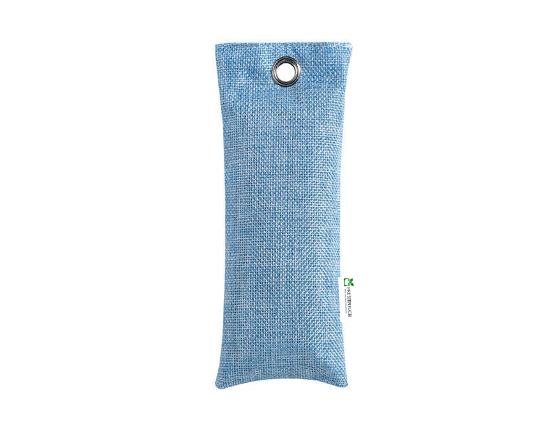 A light blue textured FrshPouch with a metal grommet at the top and a small green and white 'BREATHE' logo near the bottom right, shown on a plain white background.