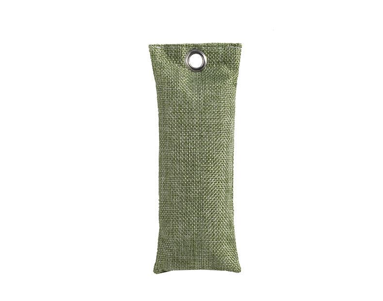 Green fabric pouch with a metal ring on a white background