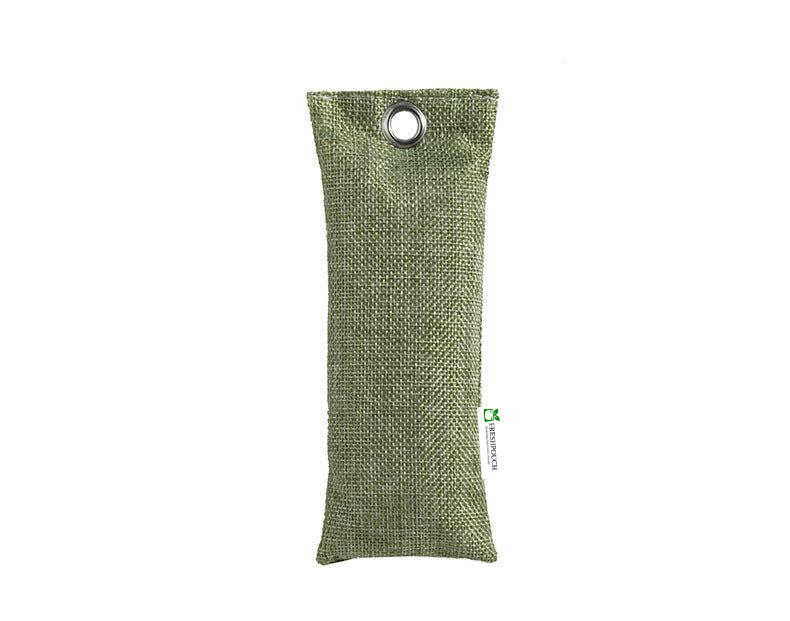 Green fabric FreshPouch with a metal ring on a white background