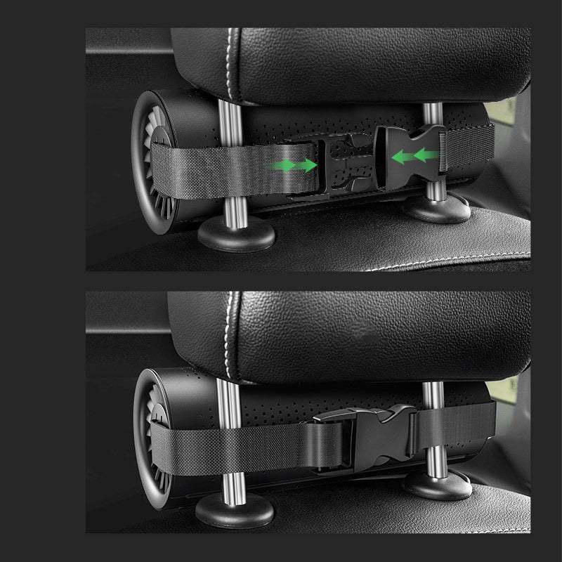 Car seat headrest holder with adjustable straps on a car seat.