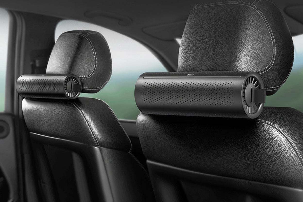 Car headrest with a black pillow and holder in a vehicle interior.