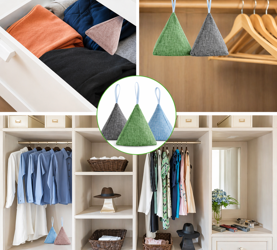 Collage of closet organization with hanging bags and open wardrobe.