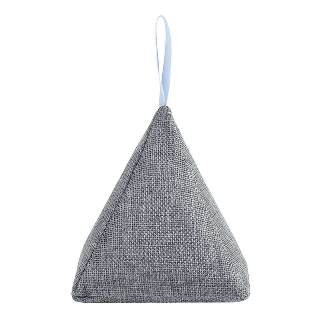 Gray textured triangle-shaped pillow with a blue strap on a white background