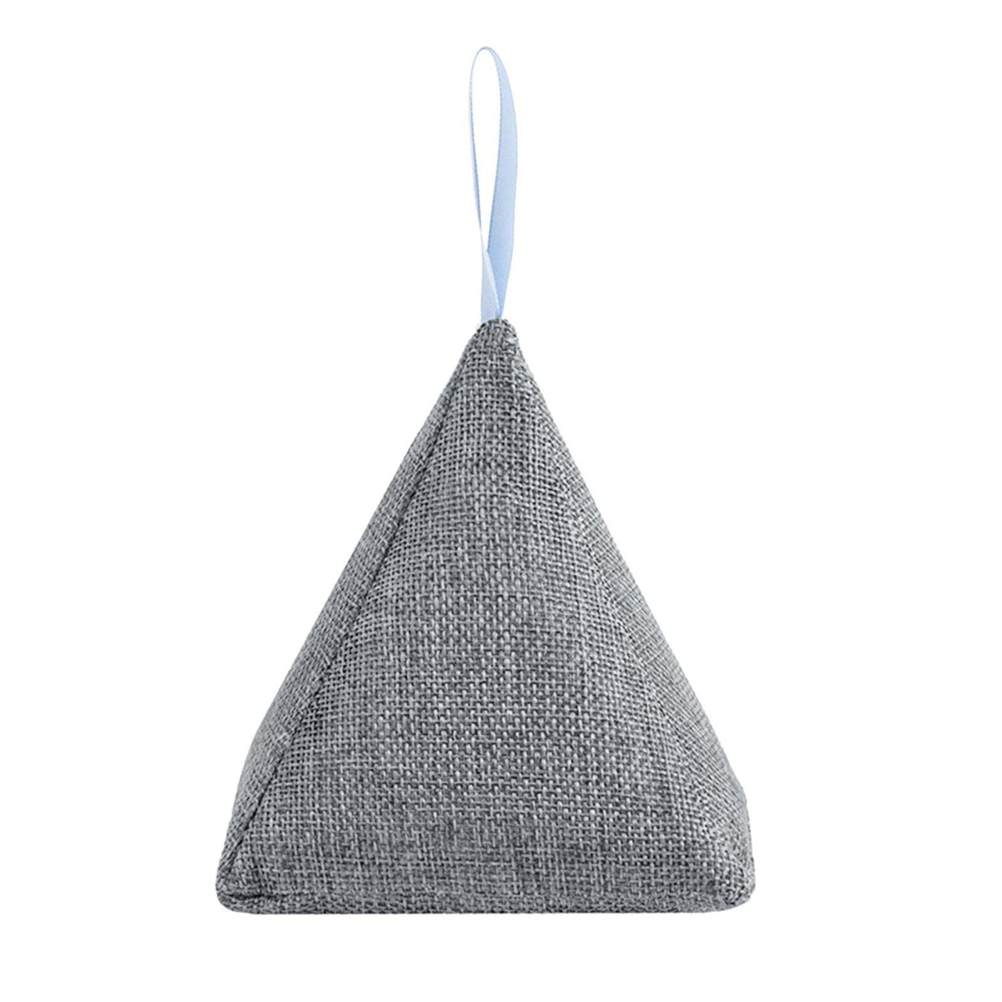 Gray textured triangle-shaped pillow with a blue strap on a white background