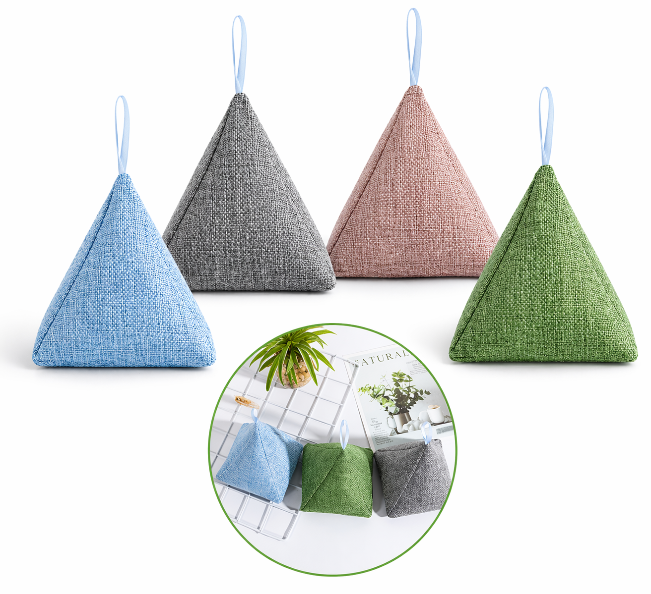 Set of pyramid-shaped fabric air fresheners in various colors on a white background.
