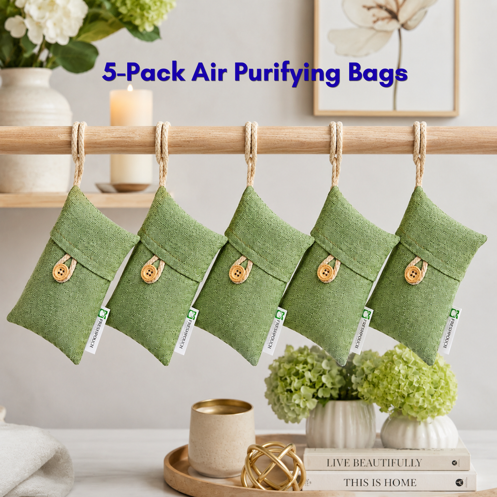 FreshPouch Reusable Odor pouches in a five-pack, green fabric bags with button closures and white labels