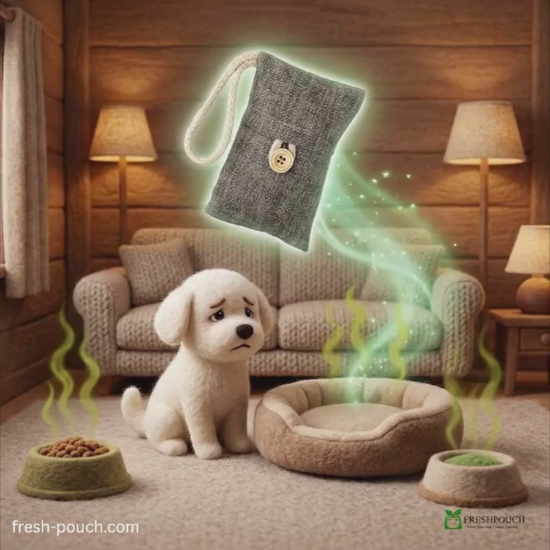 A FreshPouch removing Odors from a Pet Area and a Happy Puppy