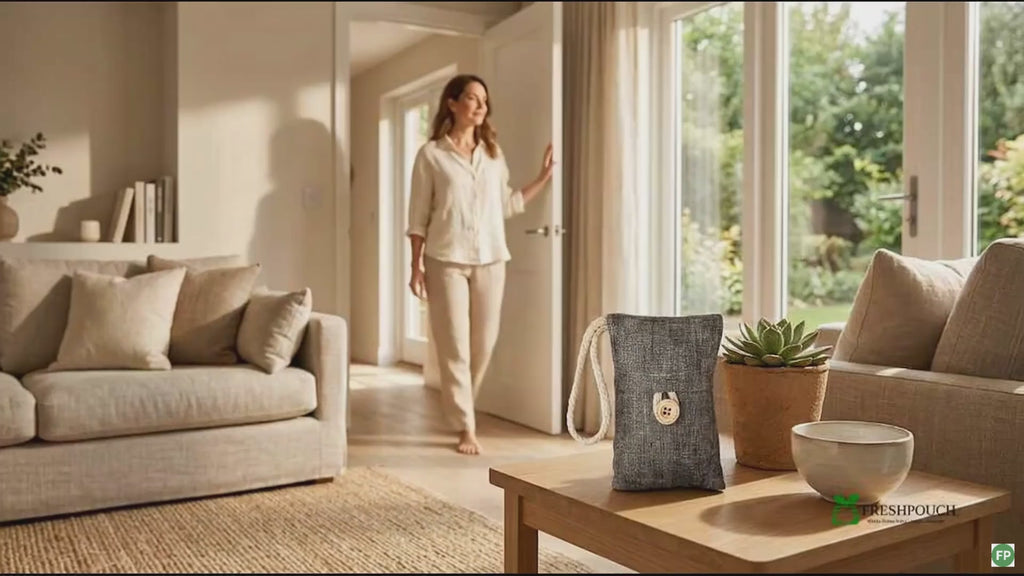 A lady enjoys her odor free home as a FreshPouch is seen removing Odors.