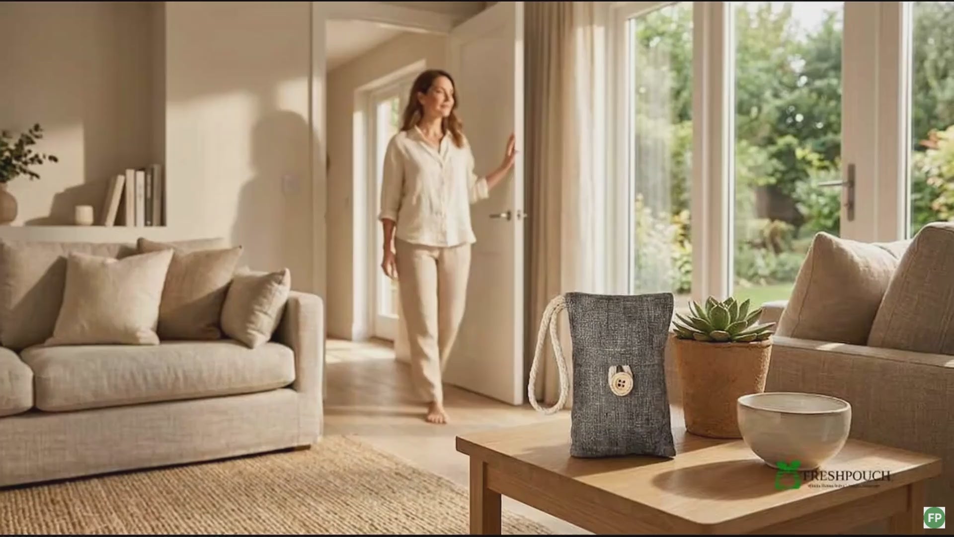 A lady enjoys her odor free home as a FreshPouch is seen removing Odors.