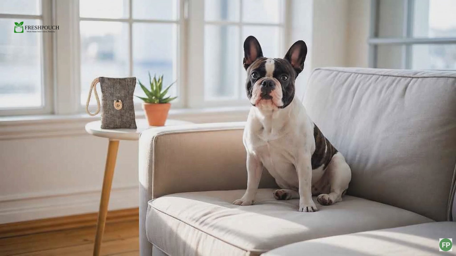 English Bulldog Resting On a Sofa With a FreshPouch Silently Removing Odors